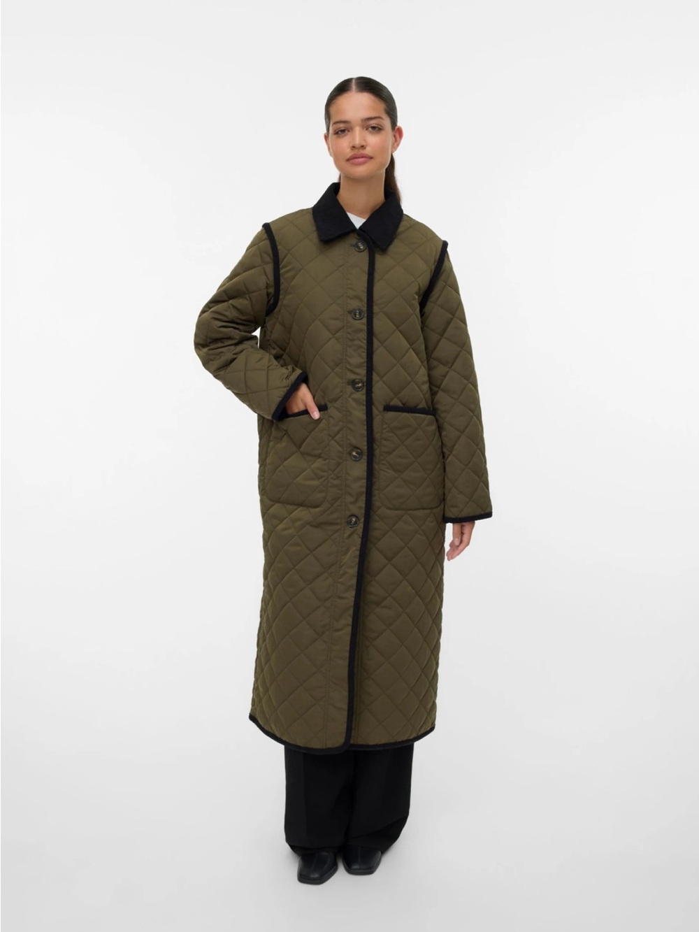 Vero moda Quilted Long Coat with Contrast Trim - Olive size large